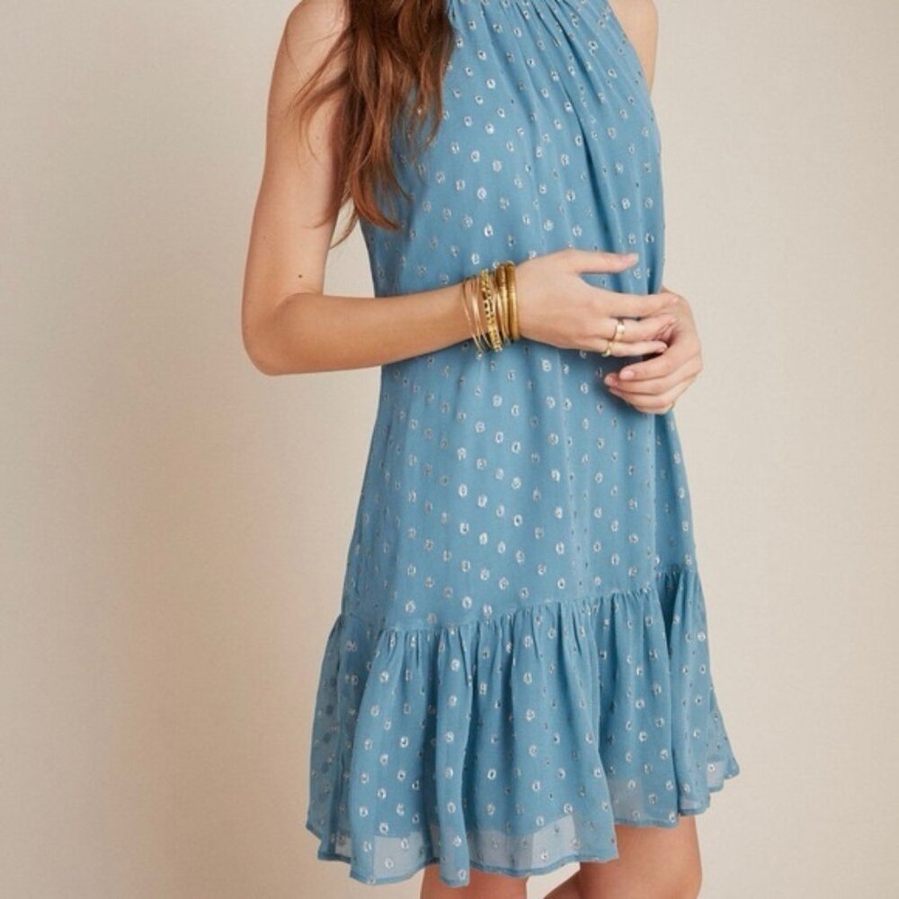 Anthropologie‎ Natalie Flounced Tunic Dress Blue Polka Dot Sleeveless SMALL